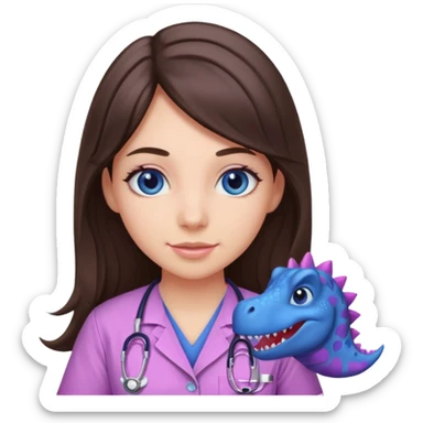 pretty brunette nurse with long hair and blue eyes in pink and purple dinosaur pattern scrubs sticker