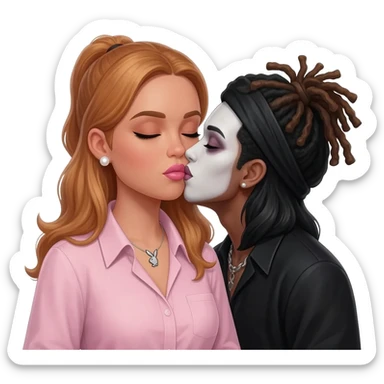3 people, Bimbo, pearl earrings stud, Light pink cute lips, long middle part with long light ginger hair, dark brown skin, playboy necklace with lashes, light pink shirt, kissing the goth black girl, and guy with dreadlocks with white paint on face sticker