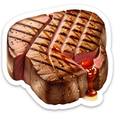 Cinematic thick-cut scotch fillet steak, perfectly seared with grill marks, a grilled center, rich and savory, warm glow, sizzling and mouthwatering, highly detailed and appetizing. sticker