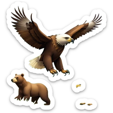 Collage of wild animals: a majestic bear in a lush green forest, a soaring eagle in the sky. A vibrant and detailed nature scene, capturing the beauty of wildlife. Transparent background. sticker