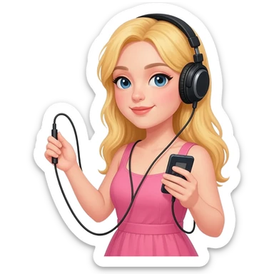 girl blonde long hair in pink dress listen to music rock and roll on black headphones with mp3 player and hold on headphones on head with right hand sticker