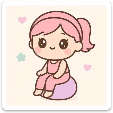a pink pilates girl, kawaii style, big eyes, pink headband, sitting on a pilates ball sticker