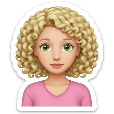 a woman in her late 40s and has greyish greenish eyes and blonde curly hair wearing a pink top sticker