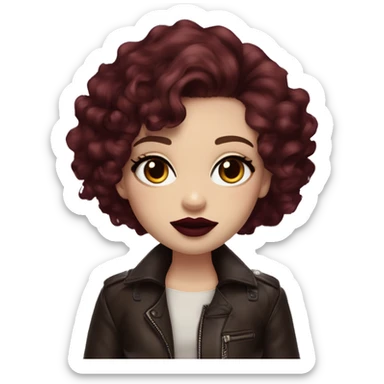 Girl with very pale skin, maroon curly short hair with a side part, heavy cat-eye makeup, long eyelashes, dark maroon blush and lipstick.  Her eyebrows are dark, arched and very high.  Hazel eyes. Big lips. Thin. Wearing a leather jacket  sticker