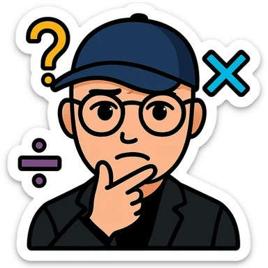Add a baseball cap to the bald man with glasses surrounded by math symbols, thinking expression. Keep the background transparent. sticker