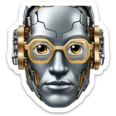 Male cyborg head with metallic plated face, flat top, glasses and circuits sticker