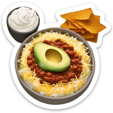 Bowl of chili with shredded cheese, sour cream and avocado on top  sticker