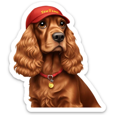 A full-length, adult, red cocker spaniel in a New Year's cap sticker