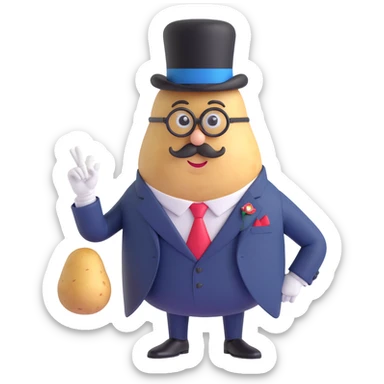 memoji-inspired potato, not personified, with monocle, suit, and top hat, looking like presidential candidate sticker