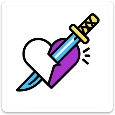 graphic style katana piercing a heart, heart divided diagonally: one half white, the other purple, glowing effect on the blade sticker