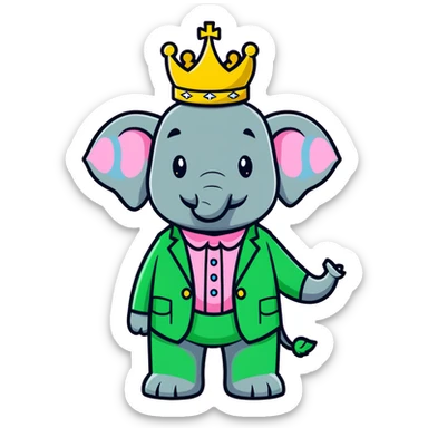 Babar the elephant king with crown and green suit sticker