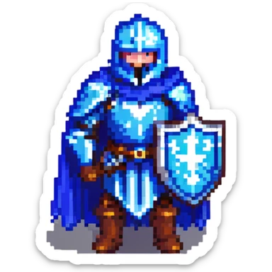 pixel art knight with blue cape, gray iron sword, blue metallic shield sticker