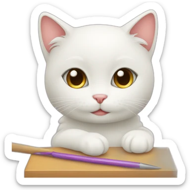sweet little white cat doing needlework sticker