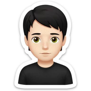 A boy with dark black hair and hazel green and brown eyes and white skin , with freckles and black t shirt with middle part hair hair with a center part sticker