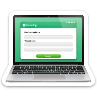 A emoji-style illustration of a laptop front facing with its screen showing onboarding form. On the screen, display a small white form card with a few simplified input fields. Add a bright green 'Next' button at the bottom of the card. sticker
