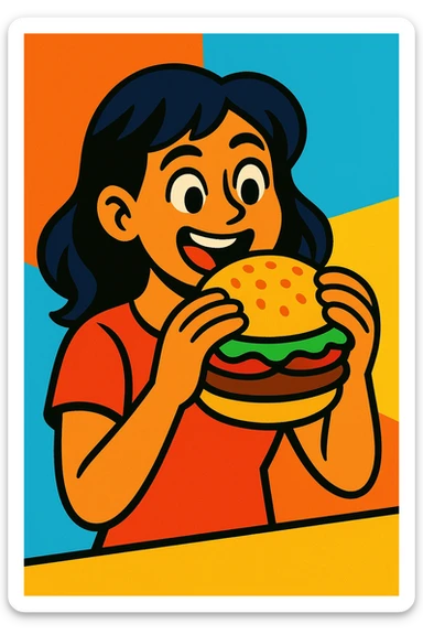 a girl with dark hair eating a burger, vibrant cartoon style sticker