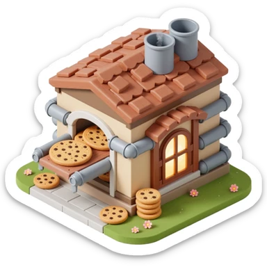 Exterior of a cartoon-style cookie factory, large front window showing conveyor belt with cookies, steam vents on the roof, metal pipes wrapping around the building sticker