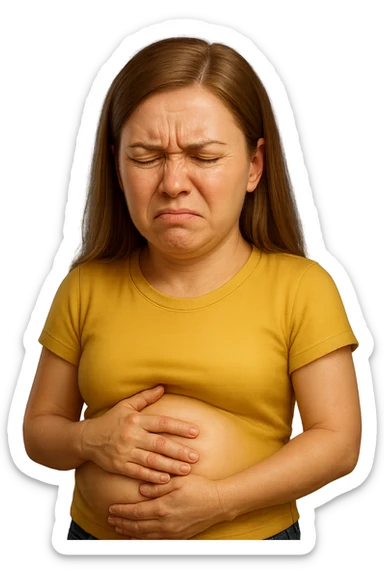 emoji stile iphone di donna con mal di pancia e pancia gonfia, iperrealistico 4k sticker