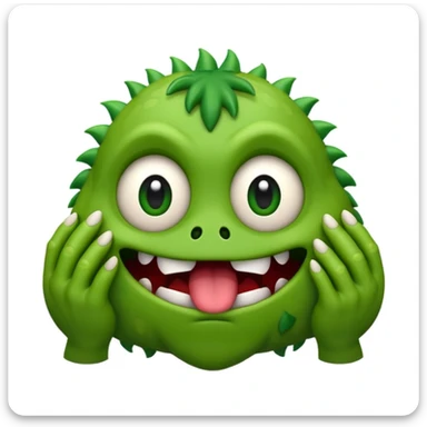 bashful monster emoji hiding its face with claws, peeking out with nervous scared eyes, small trembling mouth sticker