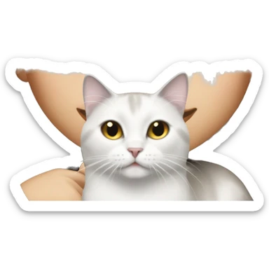 Brunette girl with straight long hair with braun eyes with grey and white cat sticker