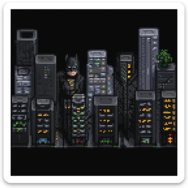 Pixel art night scene of Gotham City. Dark, moody street with a flickering lamppost, trash bins, and a few shadowy human silhouettes. Gritty atmosphere, subtle lighting, cinematic noir vibe. sticker