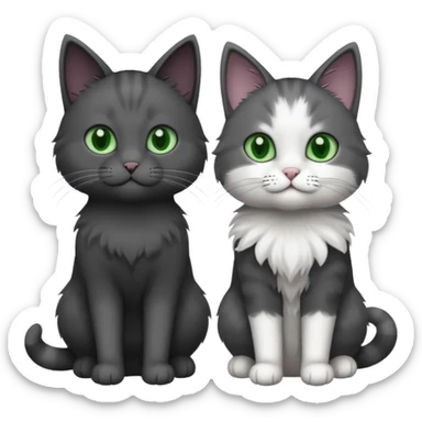 one dark grey and white cat and one completely solid dark grey cat with green eyes and only white paws sticker