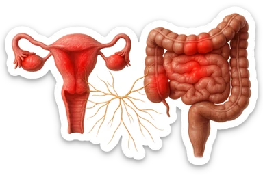 utero umano anatomico iperrealistico e intestino umano anatomico iperrealistico hanno in comune il dolore e l'infiammazione, rendi bene il collegamento tra i due organi doloranti, falla iperrealistica, non disegnata sticker