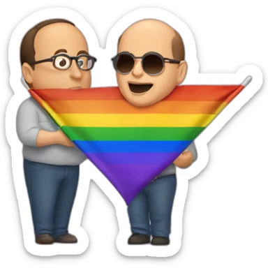 jerry seinfeld and george costanza kissing under a pride flag sticker