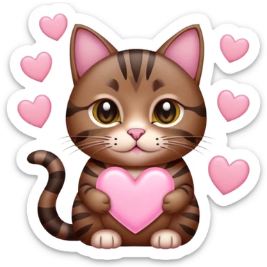 Dark brown tabby cat with multiple light pink hearts around it sticker