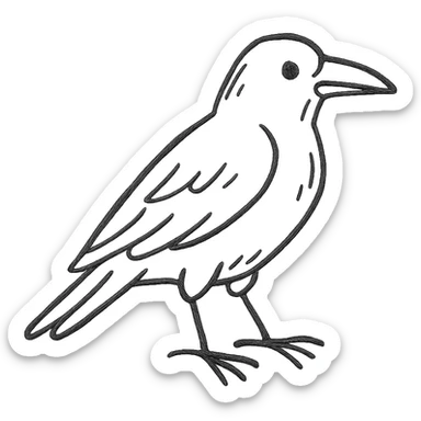 full body black raven bird emoji, facing right, simple detail, hand-drawn sketch style sticker