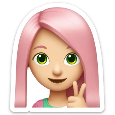 fair-skinned green-eyed girl with straight long pink hair shows thumbs up sticker