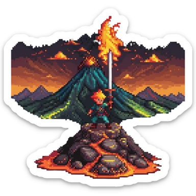 a boy wielding a flaming sword atop a volcano, pixel art style, vibrant colors sticker