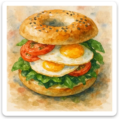 bagel sandwich with eggs and vegetables, watercolor texture, Pinterest food photo style sticker