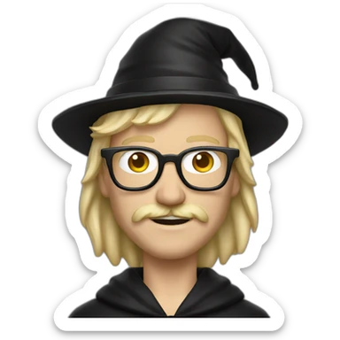 A man with blond hair and a mustache, wearing a black squared shaped eye glasses, wizard hat, black  robe sticker