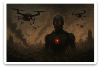 AI controlling drones over a wasteland, smoky sky, apocalyptic technology sticker