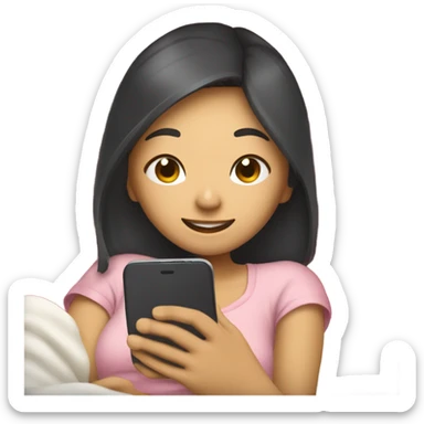 asian girl laying in bed texting her boyfriend with a heart sticker