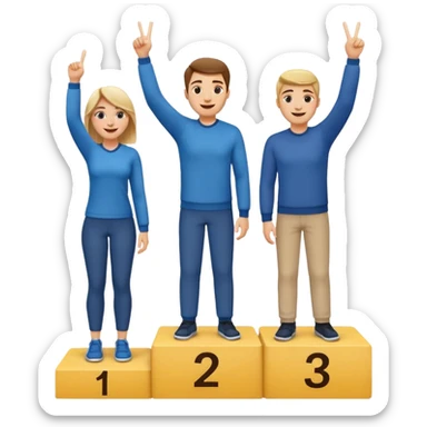 winners podium with three people, numbers 2, 1, 3 left to right, all in relaxed casual clothes, center person on 1 step raising one finger on each hand, cheerful expressive friendly emoji style sticker