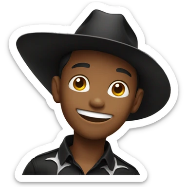 smiling boy in black shirt with cowboy hat sticker