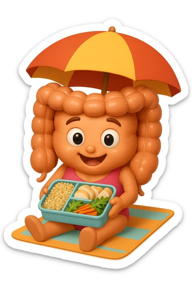 EMOJI STILE IPHONE DI INTESTINO DONNA CON COSTUME INTERO IN SPIAGGIA SEDUTO SU UNA SPIAGGINA SOTTO L'OMBRELLONE CON IN MANO UNA SCHISCETTA DI Insalata di quinoa e pollo con rucola e carote, iperrealistica 4k sticker