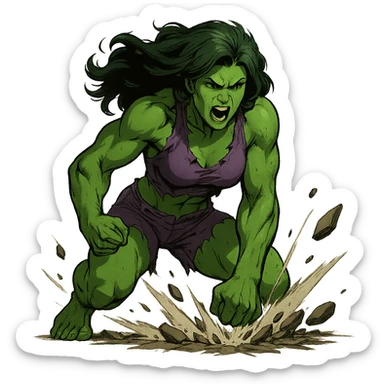 angry woman Hulk smashing the ground, green skin, muscular build, torn purple clothes sticker