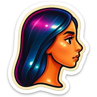Create a side view (profile) of this woman's head, matching the same cartoon emoji style, with long dark hair and similar facial features. Variant 2. sticker