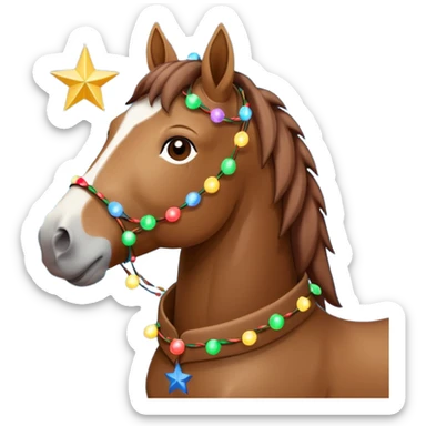 Horse rapped in Christmas lights with star on head sticker