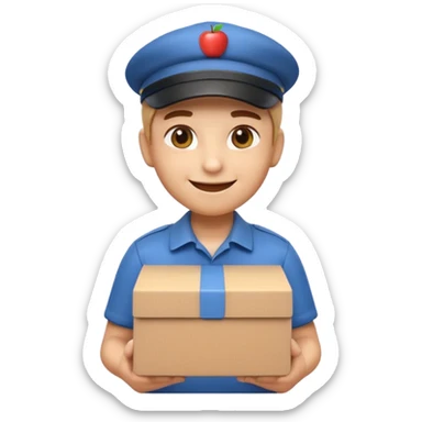3D Apple-style emoji of a delivery worker holding a cardboard package. Wearing a cap and uniform shirt, smiling expression. Rounded, glossy, smooth, soft shadows, white background.




 sticker