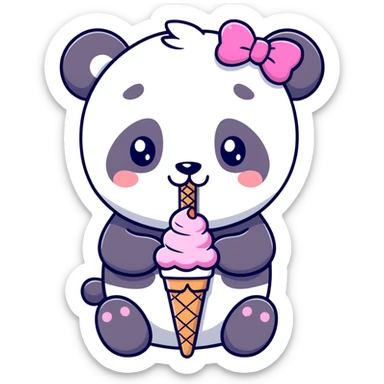 Panda eating ice cream with a pink bow sticker