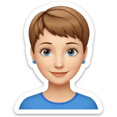 Frau, helle Haut, brauner Pixie schnitt mit dunkelblonden Spitzen, blaue Augen, mittleres alter sticker