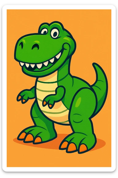 fun animated style dinosaur toy with a friendly smile, inspired by Toy Story sticker
