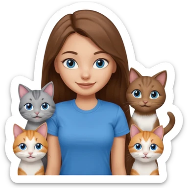 a pretty bratz dusky light skin girl with long brown hair, blue eyes with six cats nd wearing a grey tshirt sticker