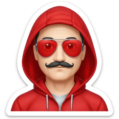 50-year-old man with a thin mustache, black aviator sunglasses, wearing a red hoodie with hood up sticker