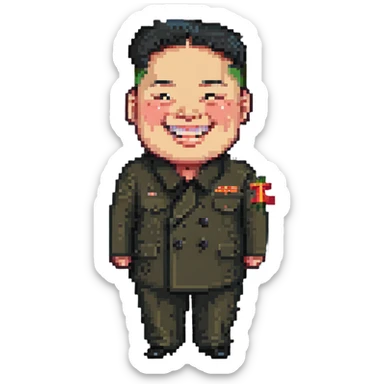skinny Kim Jong Un, big smile, pixel art style, simple background sticker