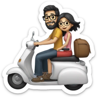 long hair boy with beard and spectacles and girl riding on black scooter sticker